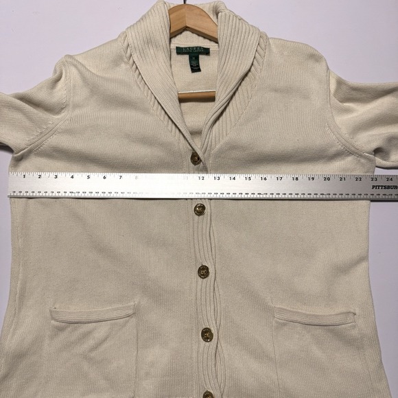 Lauren Ralph Lauren Women's Cardigan Ivory Ribbed Trim Patch Pockets Collared - Picture 6 of 9